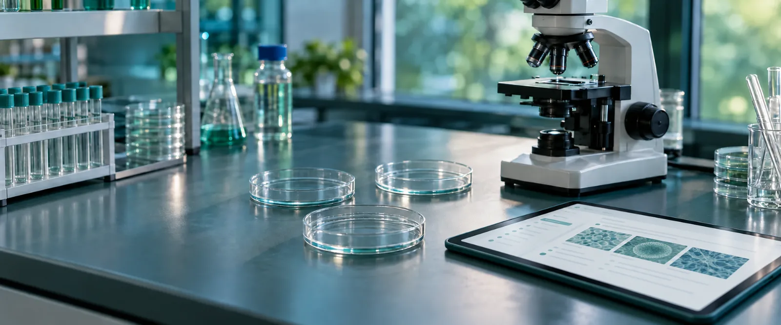 Microscope, empty petri dishes and a tablet on a green-blue laboratory bench