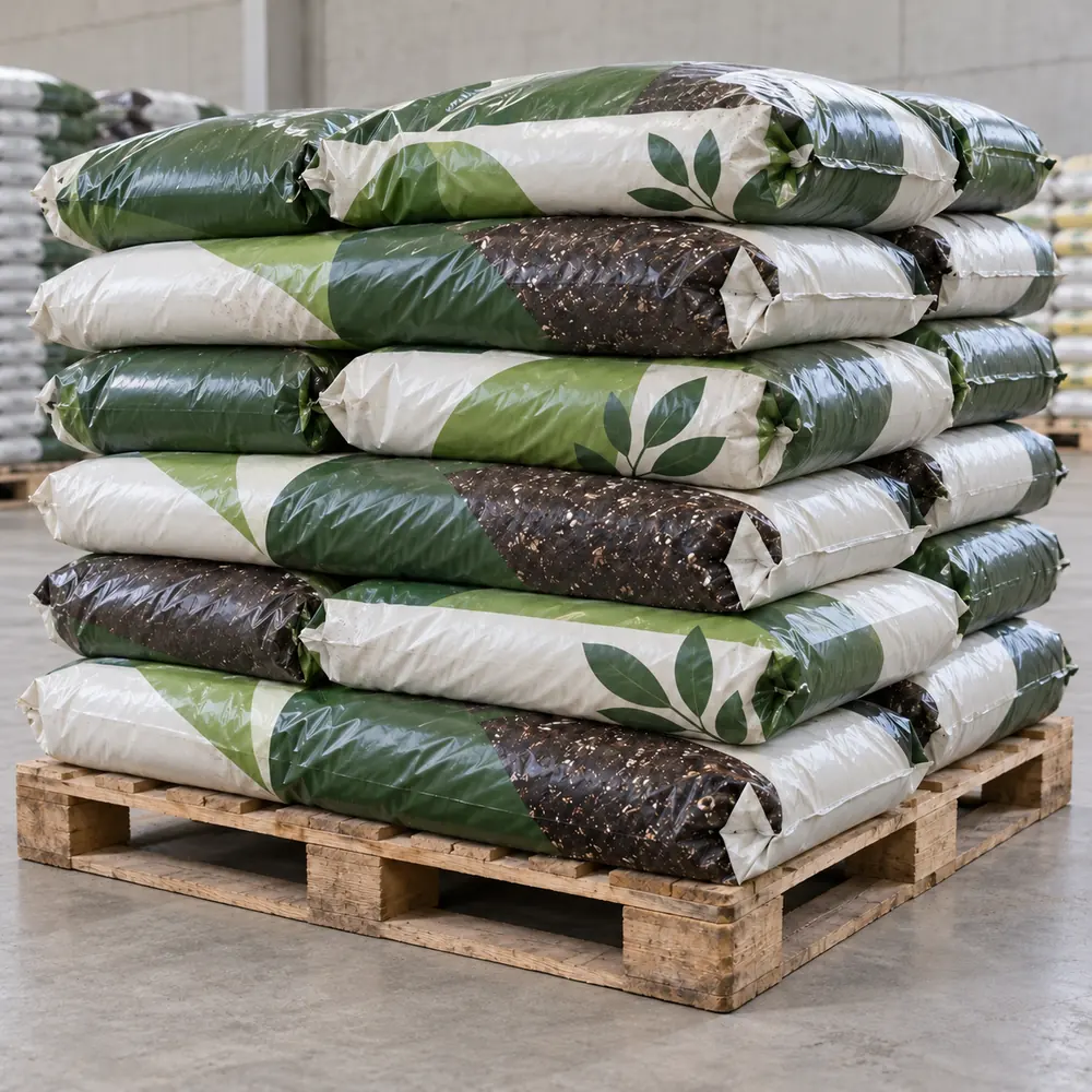 Palette mit gestapelten Säcken Blumenerde