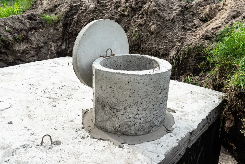 Betonový septik s otevřeným poklopem šachty při osazování