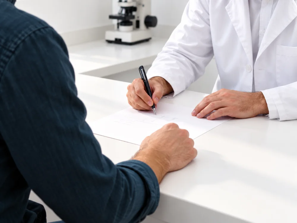 Illustratie: twee personen bespreken een onderzoeksvraag aan een witte tafel en maken aantekeningen op papier, met een microscoop op de achtergrond